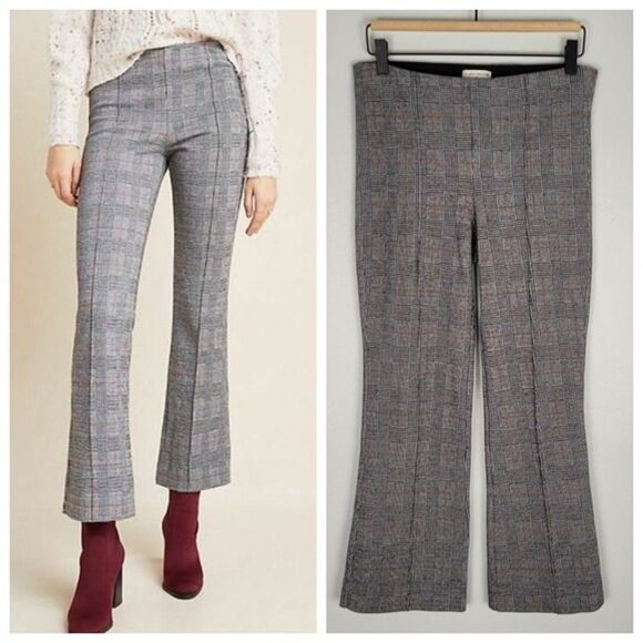 Anthropologie Size S The Essential Crop Flare Stretch Pull On Pants Plaid Gray - Picture 1 of 12